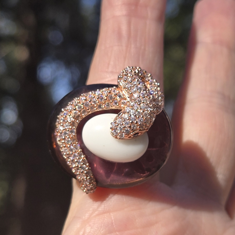 White Sapphire Black Onyx Blown Glass Sterling & Gold Snake Statement Ring Sz8.7